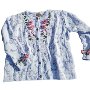 So Forth QVC Acrylic Wool Oatmeal 3D Roses Granny Core Cardigan Sweater Sz Large